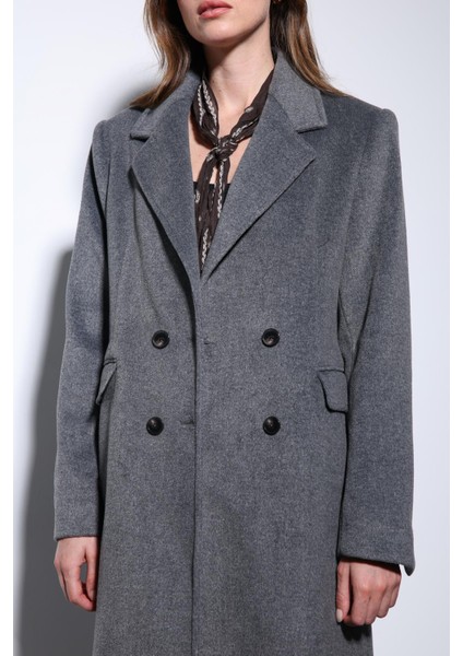 Antrasit Yün Karışımlı Kruvaze Kadın Kaban