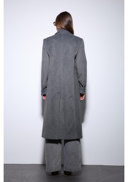 Antrasit Yün Karışımlı Kruvaze Kadın Kaban