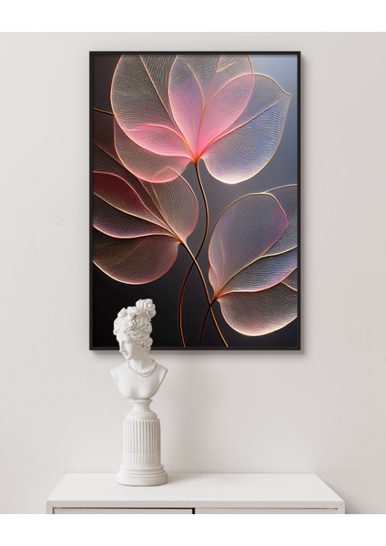 Metal Çerçeveli Gerçek Camlı Tablo,pembe Yapraklar Dijital Baskılı Tablo, Salon, Oturma Odası Tablo
