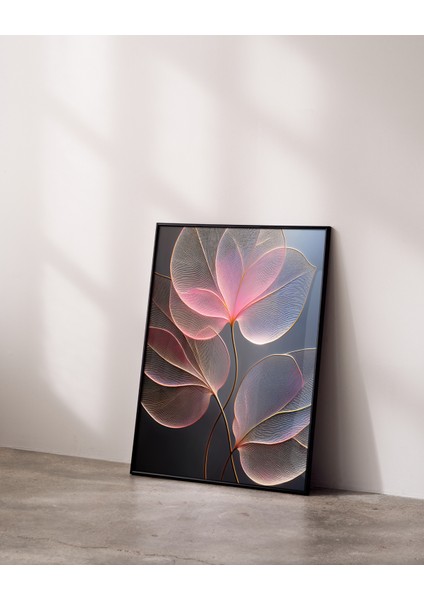 Metal Çerçeveli Gerçek Camlı Tablo,pembe Yapraklar Dijital Baskılı Tablo, Salon, Oturma Odası Tablo