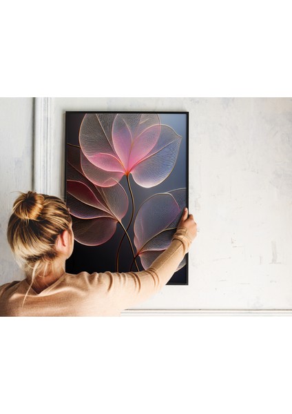 Metal Çerçeveli Gerçek Camlı Tablo,pembe Yapraklar Dijital Baskılı Tablo, Salon, Oturma Odası Tablo