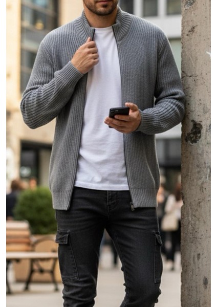 Loken Tam Fermuarlı Dik Yaka Kalın Erkek Hırka