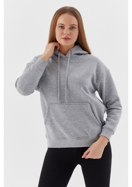 Önü Cepli Kapüşonlu Sweatshirt Kar Melanj
