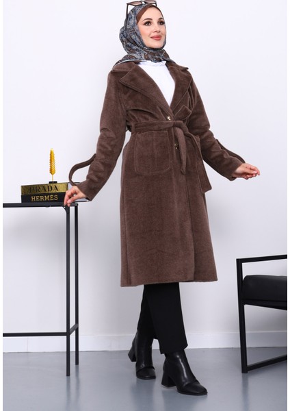 Kahverengi Kruvaze Yaka Kol Apoletli Angora Kaban fiyatları