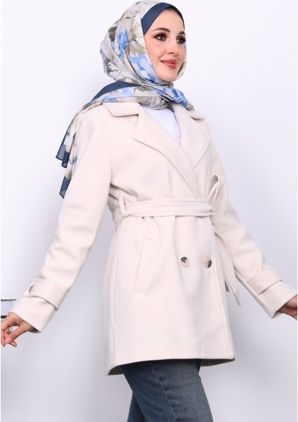 Krem Kruvaze Yaka Çift Düğmeli Kaşe Kaban