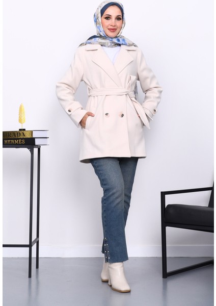 Krem Kruvaze Yaka Çift Düğmeli Kaşe Kaban fiyatları