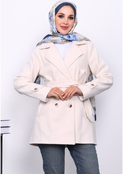 Krem Kruvaze Yaka Çift Düğmeli Kaşe Kaban modelleri