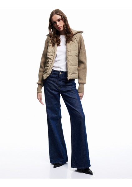 Dik Yaka Uzun Kollu Cepli Fermuarlı Su Itici Anorak Şişme Crop Ceket