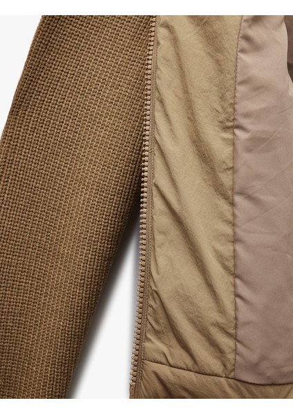 Dik Yaka Uzun Kollu Cepli Fermuarlı Su Itici Anorak Şişme Crop Ceket