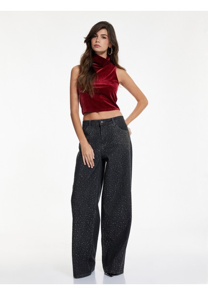 Slim Fit Dik Yaka Kolsuz Crop Kadife Bluz