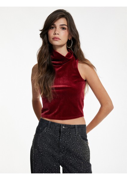 Slim Fit Dik Yaka Kolsuz Crop Kadife Bluz modelleri