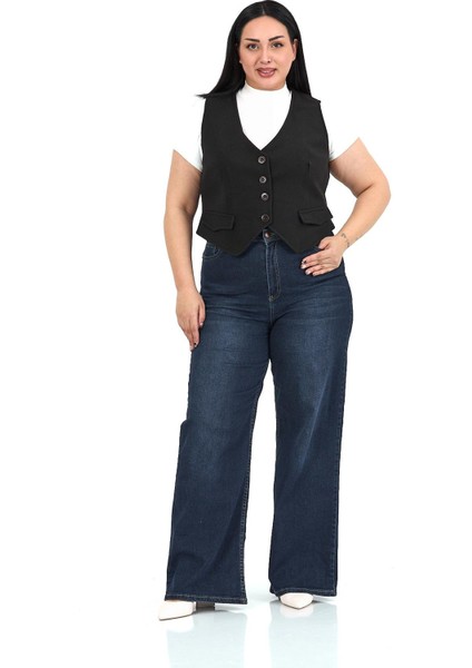 Büyük Beden Düğme Kapamalı Cep Kapaklı Astarlı Kısa Kaşe Siyah Yelek