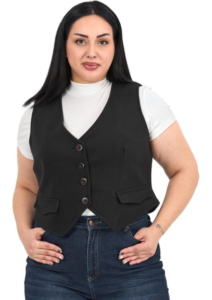 Büyük Beden Düğme Kapamalı Cep Kapaklı Astarlı Kısa Kaşe Siyah Yelek fiyatları