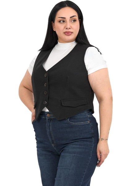 Büyük Beden Düğme Kapamalı Cep Kapaklı Astarlı Kısa Kaşe Siyah Yelek fırsatları