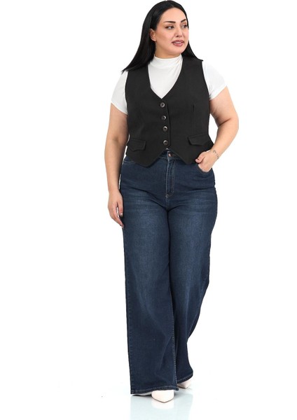 Büyük Beden Düğme Kapamalı Cep Kapaklı Astarlı Kısa Kaşe Siyah Yelek indirimleri