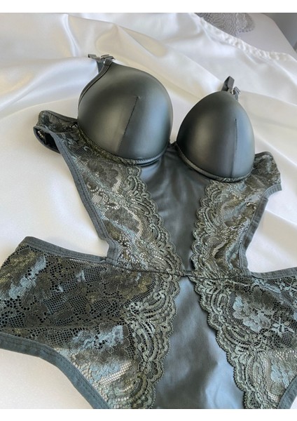 Beyaz Gelincik Underwear Kadın Dantelli Deri Haki Transparan Çıtçıtlı Sütyenli Body Bodysuit Fantezi Iç Çamaşır modelleri