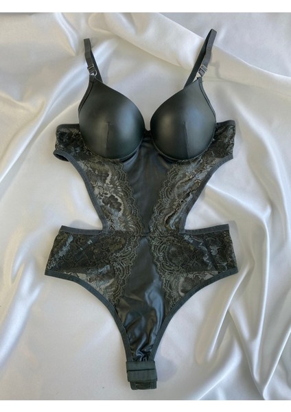 Beyaz Gelincik Underwear Kadın Dantelli Deri Haki Transparan Çıtçıtlı Sütyenli Body Bodysuit Fantezi Iç Çamaşır