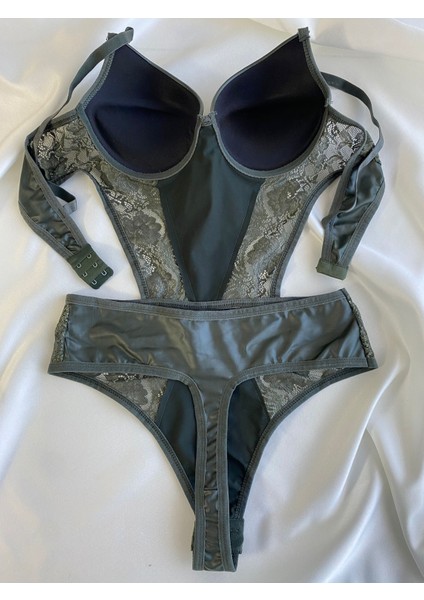 Beyaz Gelincik Underwear Kadın Dantelli Deri Haki Transparan Çıtçıtlı Sütyenli Body Bodysuit Fantezi Iç Çamaşır fırsatları