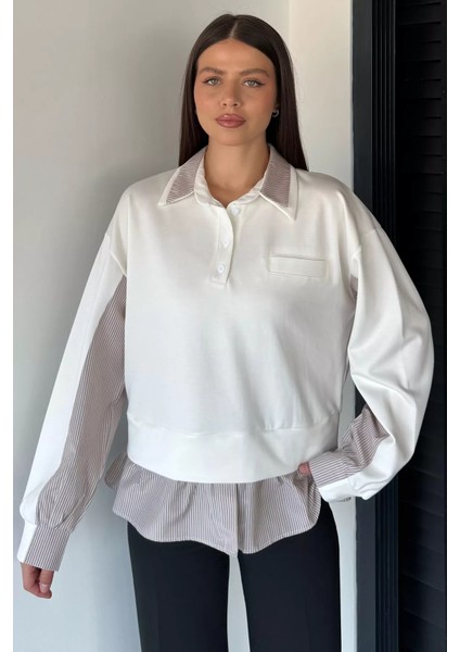 Kadın Polo Yaka Gömlek Garnili Sweatshirt P-00019010