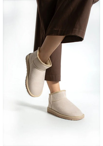 Moscow Mini Taba Süet Yarım Bot Içi Tüylü Düz Taban Kadın Ayakkabı