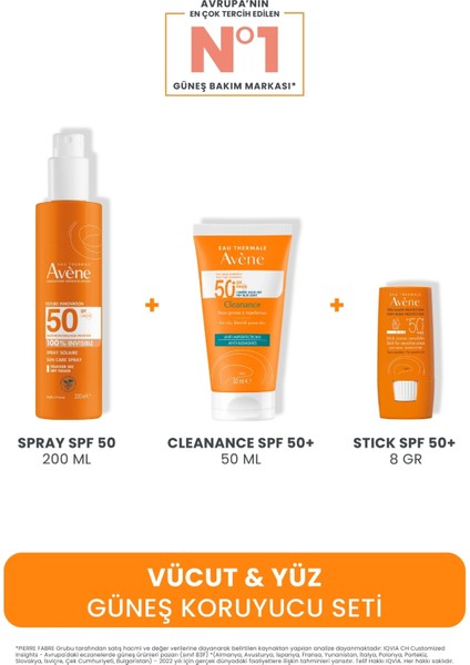 Vücut & Yüz Güneş Koruyucu Seti (Spray 200 ml + Cleanance 50 ml + Stick 8 Gr)