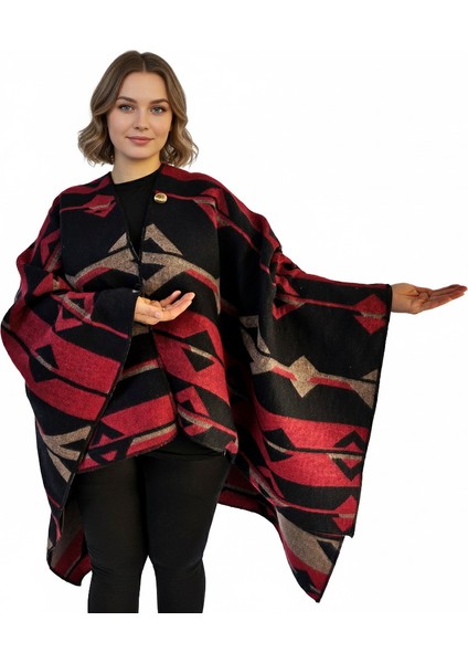 Kırmızı Bej Siyah Etnik Desenli Tüylenmez Yünlü Sıcak Tutan Unisex Kampçı Panço Kışlık Şal