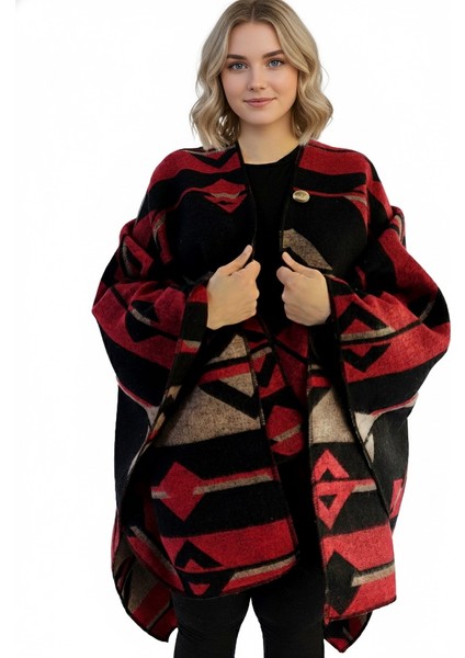 Kırmızı Bej Siyah Etnik Desenli Tüylenmez Yünlü Sıcak Tutan Unisex Kampçı Panço Kışlık Şal fiyatları