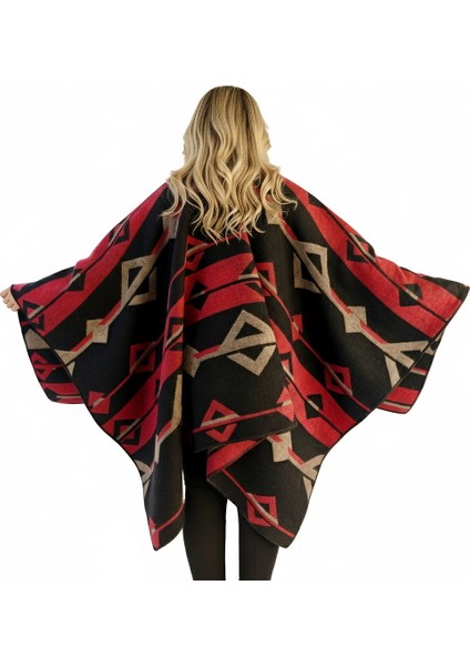 Kırmızı Bej Siyah Etnik Desenli Tüylenmez Yünlü Sıcak Tutan Unisex Kampçı Panço Kışlık Şal modelleri