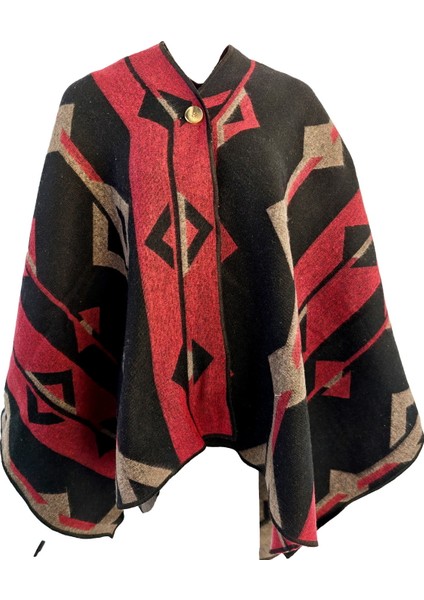 Kırmızı Bej Siyah Etnik Desenli Tüylenmez Yünlü Sıcak Tutan Unisex Kampçı Panço Kışlık Şal fırsatları