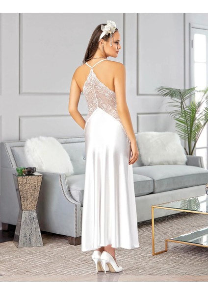 Premium Seri Özel Dantel Detaylı Fantezi Seksi Erotik Kadın Şık Ekru Uzun Saten Gecelik fiyatları