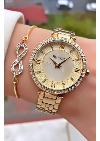 Zirkon Taşlı Altın Renk Çelik Şık Kadın Kol Saati 2 Yıl Garantili