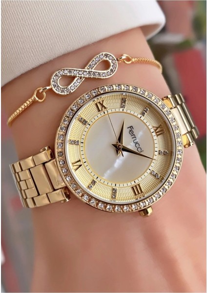 Zirkon Taşlı Altın Renk Çelik Şık Kadın Kol Saati 2 Yıl Garantili fiyatları