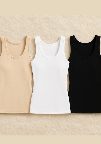 Kadın Giyim Kalın Askılı Modal & Pamuklu 3 Adet Siyah - Beyaz - Ten Atlet LL.K66.O012.001