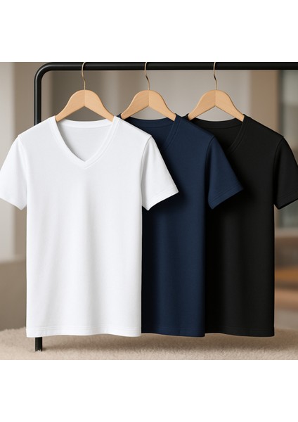 Erkek Giyim 3 Adet Siyah & Lacivert & Beyaz Bambu V Yaka T-Shirt LL.IL16.KE11.001