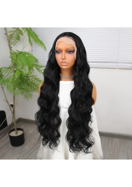 Siyah Ekstra Uzun Fiber Sentetik Dalgalı Tül Peruk modelleri
