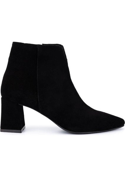 Kadın Hakiki Deri Siyah Süet Topuklu Bot 1074 2281 Bn Bot SK25-26 Sıyah Yarma Suet