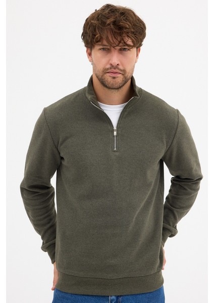 Erkek Haki Standart Fit Normal Kesim Pamuklu Yarım Fermuarlı Dik Yaka Pamuklu Sweatshirt