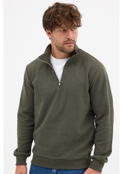 Erkek Haki Standart Fit Normal Kesim Pamuklu Yarım Fermuarlı Dik Yaka Pamuklu Sweatshirt fiyatları