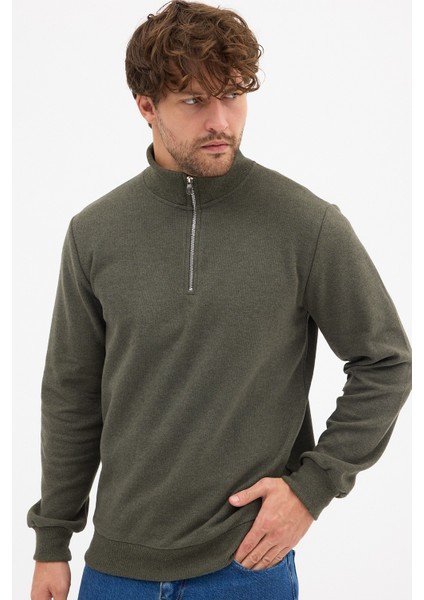 Erkek Haki Standart Fit Normal Kesim Pamuklu Yarım Fermuarlı Dik Yaka Pamuklu Sweatshirt fırsatları