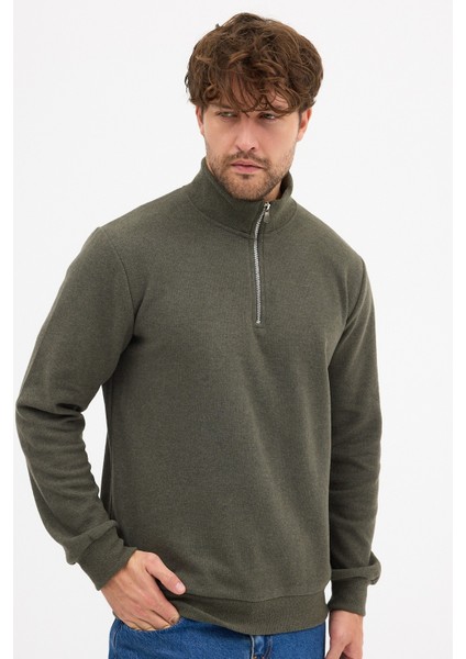 Erkek Haki Standart Fit Normal Kesim Pamuklu Yarım Fermuarlı Dik Yaka Pamuklu Sweatshirt indirimleri