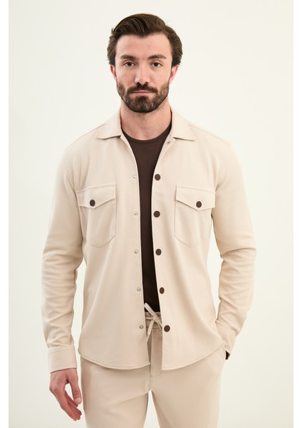 Çizgli Slim Fit Gömlek Yaka Çıtçıtlı Mont Ipli Pantolon Takım