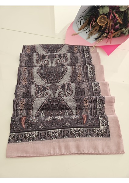 Etnik Desenli Pudra ve Gri Tonlarında Soft Şal modelleri