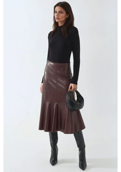 Kadın Yüksek Bel Suni Deri Midi Etek Bordo Kırmızı fiyatları
