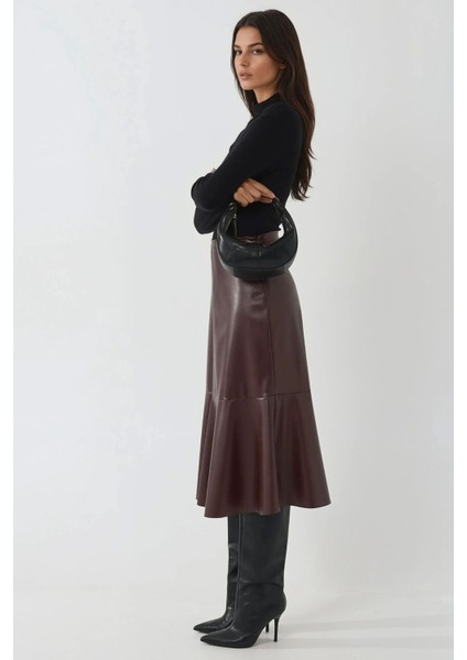 Kadın Yüksek Bel Suni Deri Midi Etek Bordo Kırmızı modelleri