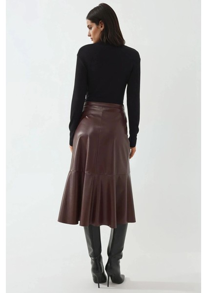 Kadın Yüksek Bel Suni Deri Midi Etek Bordo Kırmızı fırsatları
