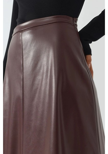 Kadın Yüksek Bel Suni Deri Midi Etek Bordo Kırmızı indirimleri
