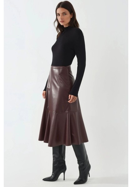 Kadın Yüksek Bel Suni Deri Midi Etek Bordo Kırmızı