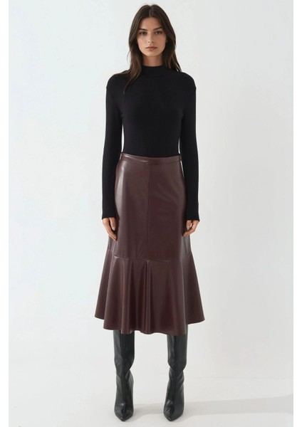 Kadın Yüksek Bel Suni Deri Midi Etek Bordo Kırmızı