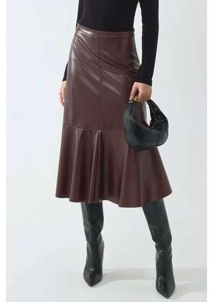 Kadın Yüksek Bel Suni Deri Midi Etek Bordo Kırmızı