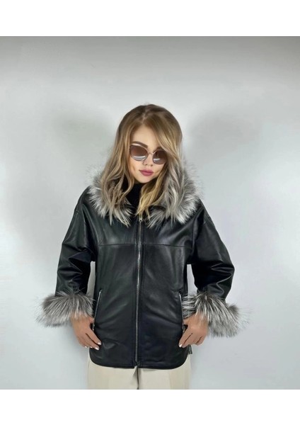 Çift Taraflı Giyilebilir Kadın Deri Mont Sila Model